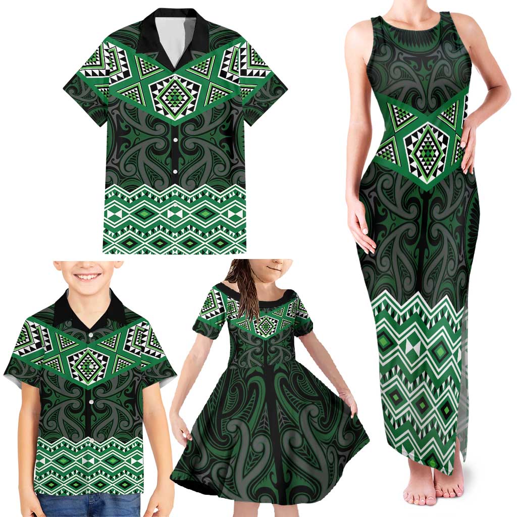 New Zealand Aotearoa Family Matching Tank Maxi Dress and Hawaiian Shirt Green Taniko Art Maori Pattern LT05 - Polynesian Pride