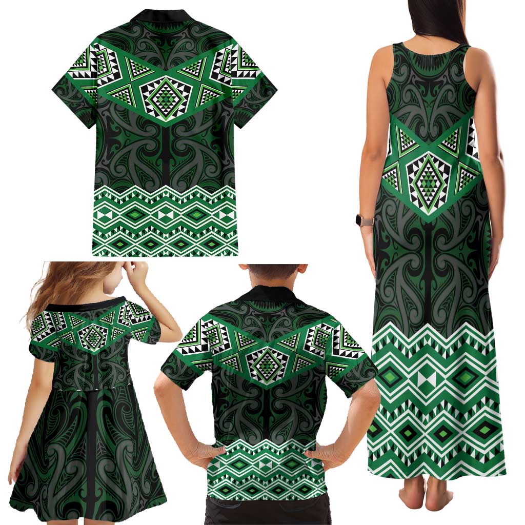 New Zealand Aotearoa Family Matching Tank Maxi Dress and Hawaiian Shirt Green Taniko Art Maori Pattern LT05 - Polynesian Pride