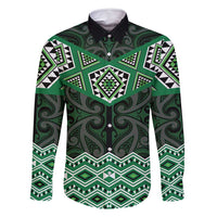 New Zealand Aotearoa Family Matching Tank Maxi Dress and Hawaiian Shirt Green Taniko Art Maori Pattern LT05 Dad's Shirt - Long Sleeve Green - Polynesian Pride