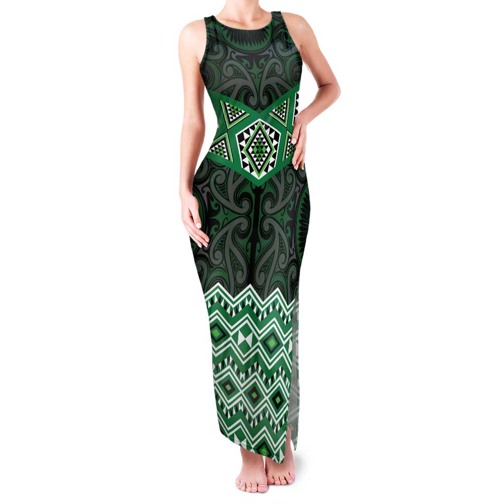 New Zealand Aotearoa Family Matching Tank Maxi Dress and Hawaiian Shirt Green Taniko Art Maori Pattern LT05 Mom's Dress Green - Polynesian Pride