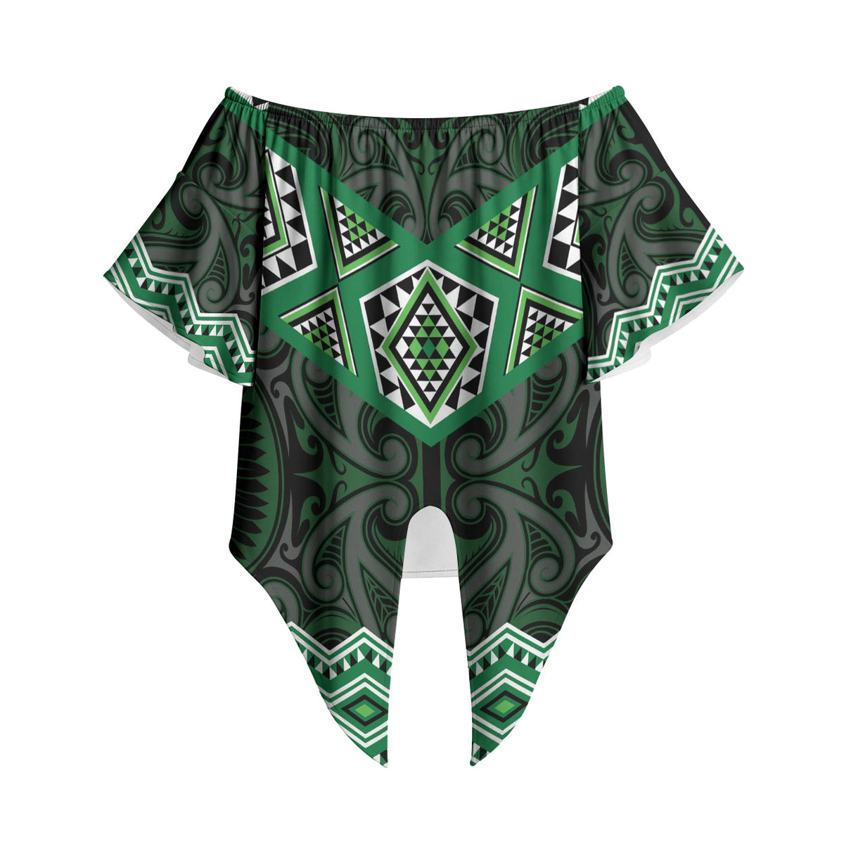 New Zealand Aotearoa Off Shoulder Wrap Waist Top Green Taniko Art Maori Pattern LT05 Green - Polynesian Pride