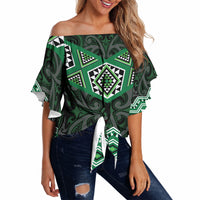 New Zealand Aotearoa Off Shoulder Wrap Waist Top Green Taniko Art Maori Pattern LT05 - Polynesian Pride