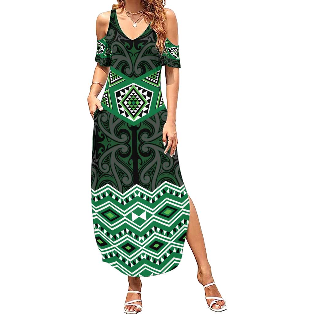 New Zealand Aotearoa Summer Maxi Dress Green Taniko Art Maori Pattern LT05 Women Green - Polynesian Pride