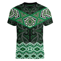 New Zealand Aotearoa Women V-Neck T-Shirt Green Taniko Art Maori Pattern