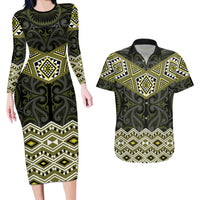 New Zealand Aotearoa Couples Matching Long Sleeve Bodycon Dress and Hawaiian Shirt Yellow Taniko Art Maori Pattern LT05 Yellow - Polynesian Pride
