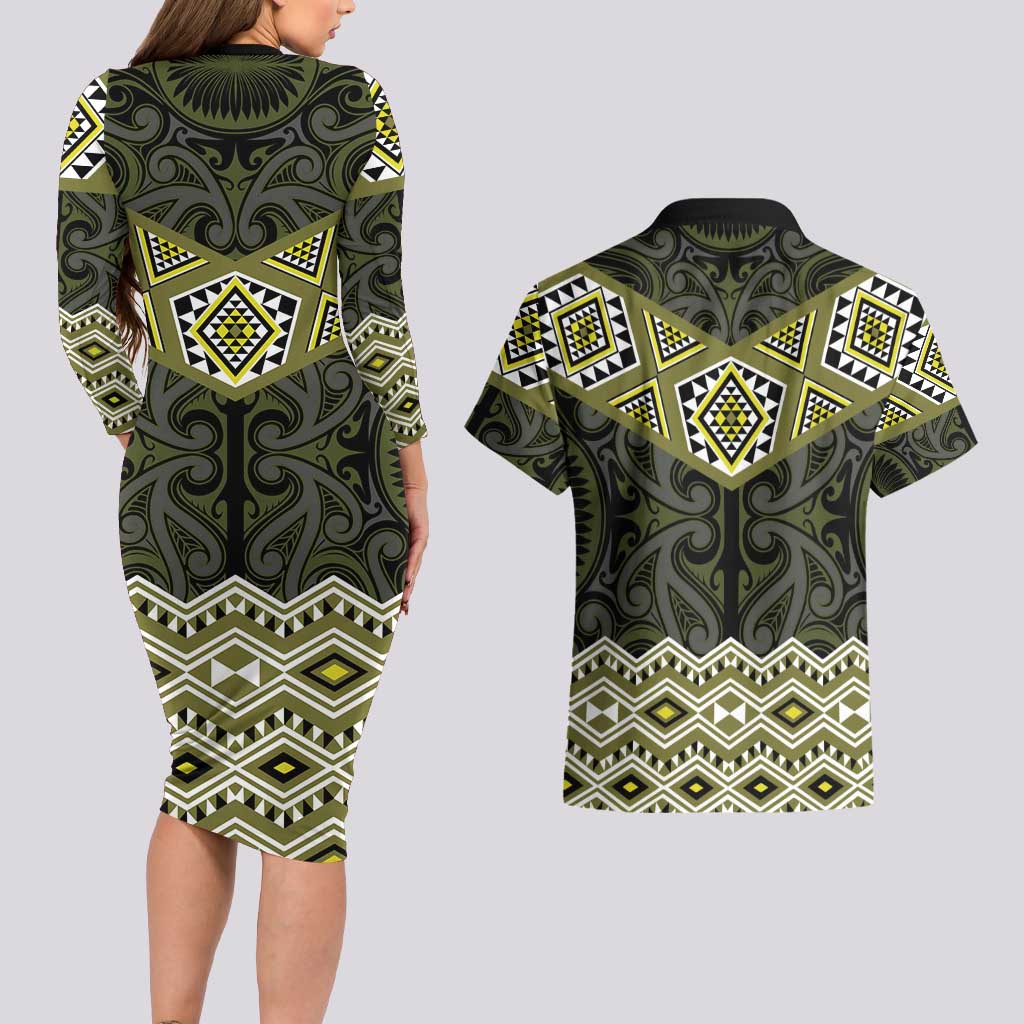 New Zealand Aotearoa Couples Matching Long Sleeve Bodycon Dress and Hawaiian Shirt Yellow Taniko Art Maori Pattern LT05 - Polynesian Pride