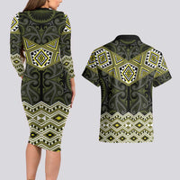New Zealand Aotearoa Couples Matching Long Sleeve Bodycon Dress and Hawaiian Shirt Yellow Taniko Art Maori Pattern LT05 - Polynesian Pride