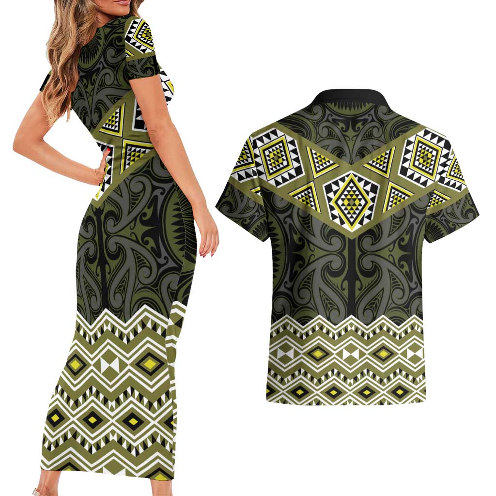 New Zealand Aotearoa Couples Matching Short Sleeve Bodycon Dress and Hawaiian Shirt Yellow Taniko Art Maori Pattern LT05 - Polynesian Pride