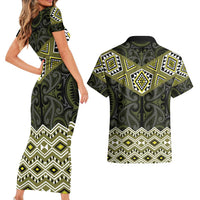 New Zealand Aotearoa Couples Matching Short Sleeve Bodycon Dress and Hawaiian Shirt Yellow Taniko Art Maori Pattern LT05 - Polynesian Pride