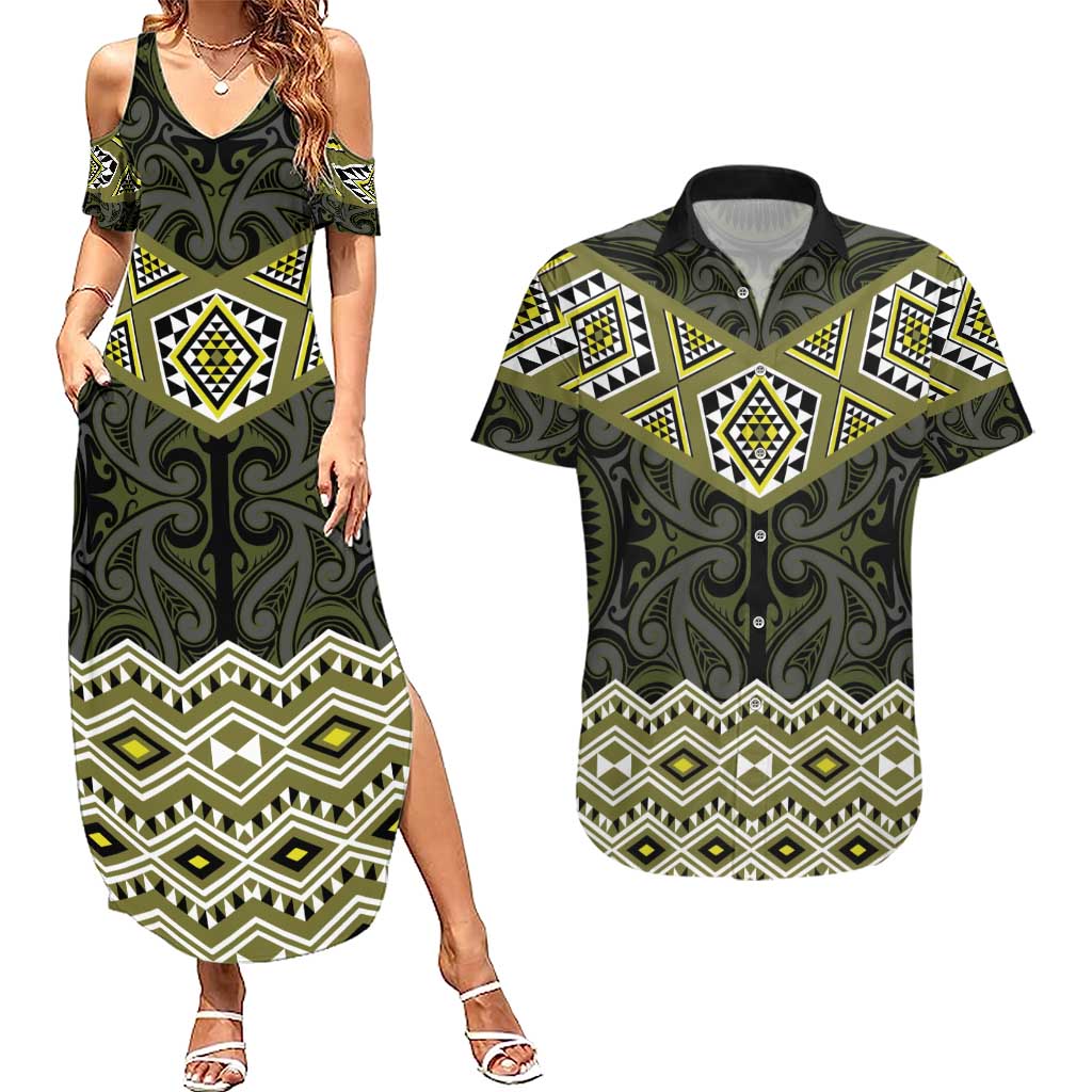 New Zealand Aotearoa Couples Matching Summer Maxi Dress and Hawaiian Shirt Yellow Taniko Art Maori Pattern LT05 Yellow - Polynesian Pride