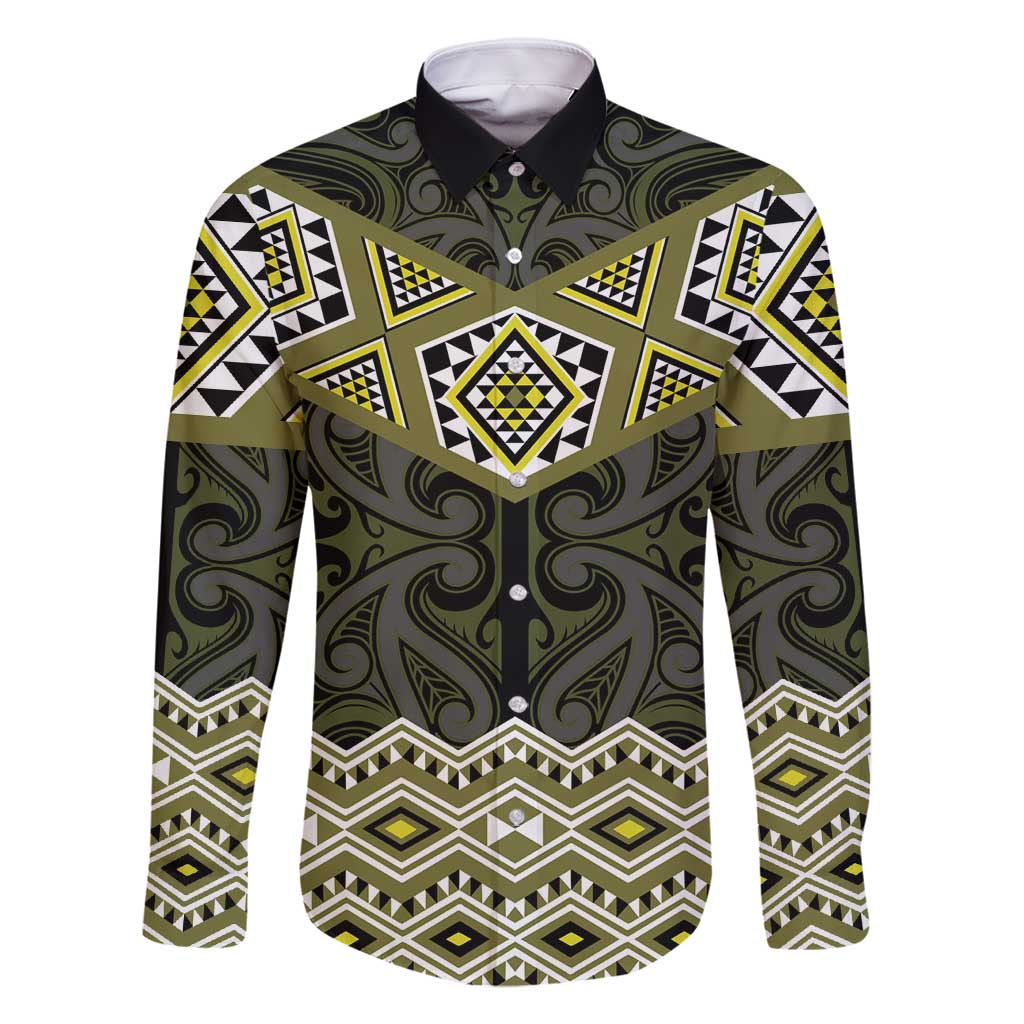 New Zealand Aotearoa Family Matching Long Sleeve Bodycon Dress and Hawaiian Shirt Yellow Taniko Art Maori Pattern LT05 Dad's Shirt - Long Sleeve Yellow - Polynesian Pride