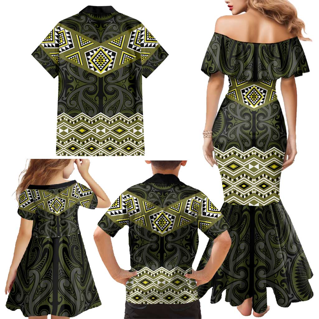 New Zealand Aotearoa Family Matching Mermaid Dress and Hawaiian Shirt Yellow Taniko Art Maori Pattern LT05 - Polynesian Pride