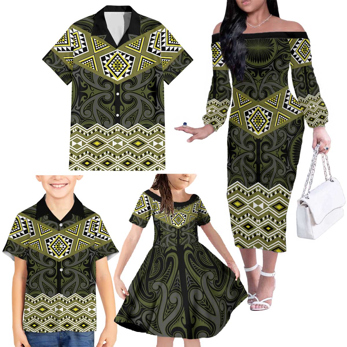New Zealand Aotearoa Family Matching Off The Shoulder Long Sleeve Dress and Hawaiian Shirt Yellow Taniko Art Maori Pattern LT05 - Polynesian Pride