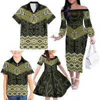 New Zealand Aotearoa Family Matching Off The Shoulder Long Sleeve Dress and Hawaiian Shirt Yellow Taniko Art Maori Pattern LT05 - Polynesian Pride