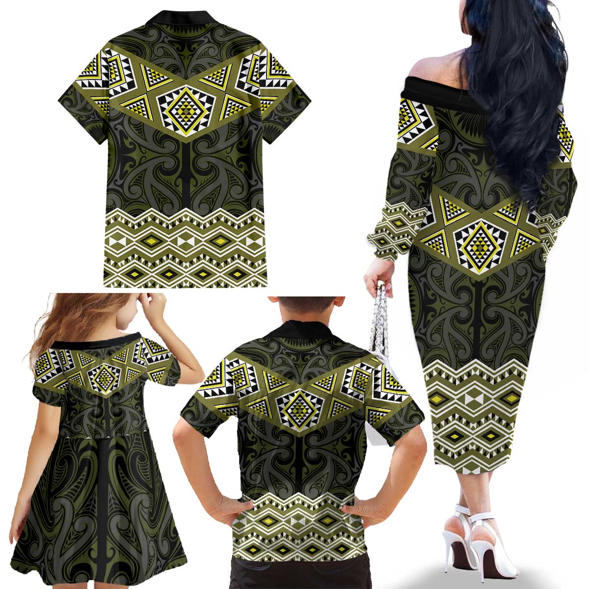 New Zealand Aotearoa Family Matching Off The Shoulder Long Sleeve Dress and Hawaiian Shirt Yellow Taniko Art Maori Pattern LT05 - Polynesian Pride