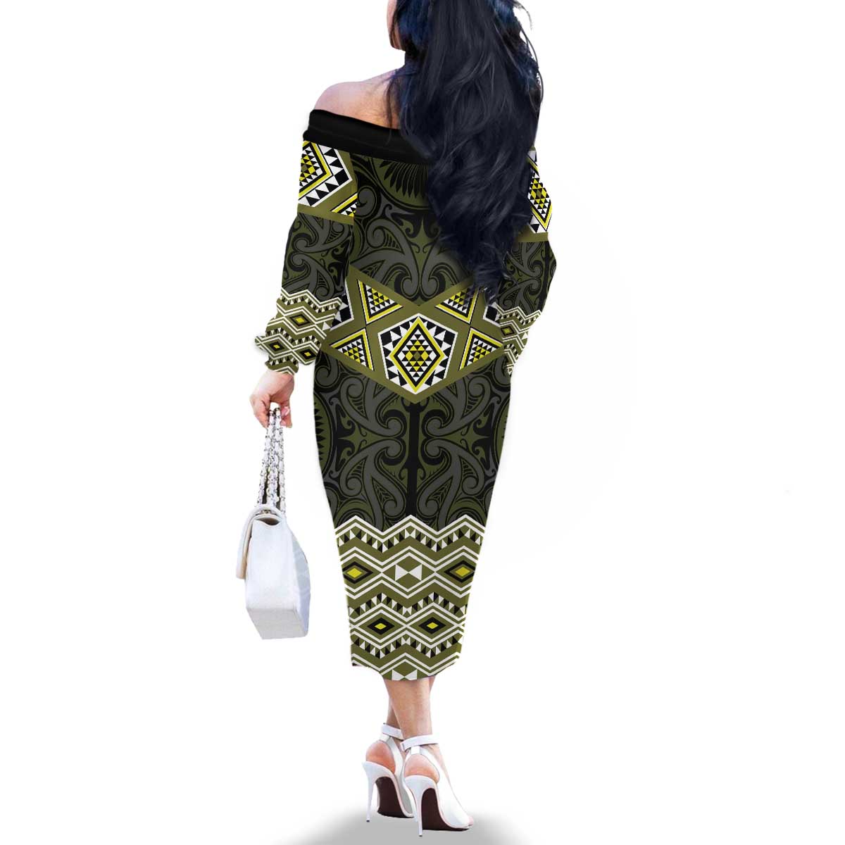 New Zealand Aotearoa Family Matching Off The Shoulder Long Sleeve Dress and Hawaiian Shirt Yellow Taniko Art Maori Pattern LT05 - Polynesian Pride