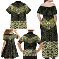 New Zealand Aotearoa Family Matching Off Shoulder Maxi Dress and Hawaiian Shirt Yellow Taniko Art Maori Pattern LT05 - Polynesian Pride