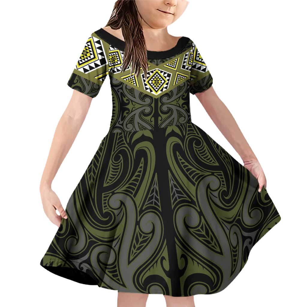New Zealand Aotearoa Family Matching Off Shoulder Short Dress and Hawaiian Shirt Yellow Taniko Art Maori Pattern LT05 Daughter's Dress Yellow - Polynesian Pride
