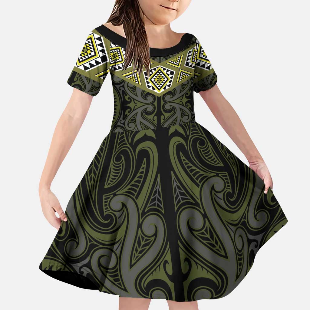 New Zealand Aotearoa Family Matching Puletasi and Hawaiian Shirt Yellow Taniko Art Maori Pattern LT05 Daughter's Dress Yellow - Polynesian Pride