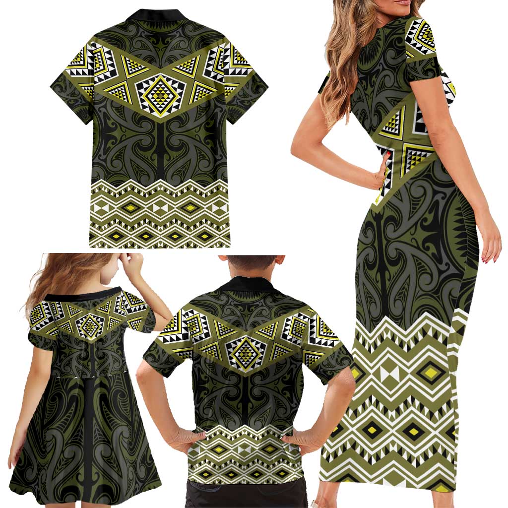 New Zealand Aotearoa Family Matching Short Sleeve Bodycon Dress and Hawaiian Shirt Yellow Taniko Art Maori Pattern LT05 - Polynesian Pride