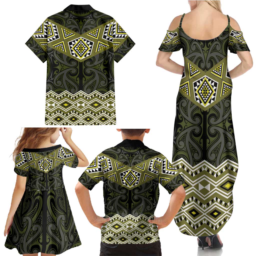 New Zealand Aotearoa Family Matching Summer Maxi Dress and Hawaiian Shirt Yellow Taniko Art Maori Pattern LT05 - Polynesian Pride
