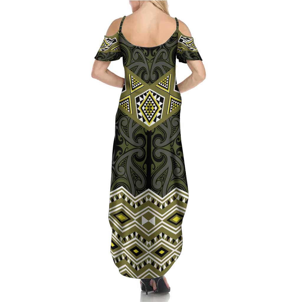 New Zealand Aotearoa Family Matching Summer Maxi Dress and Hawaiian Shirt Yellow Taniko Art Maori Pattern LT05 - Polynesian Pride