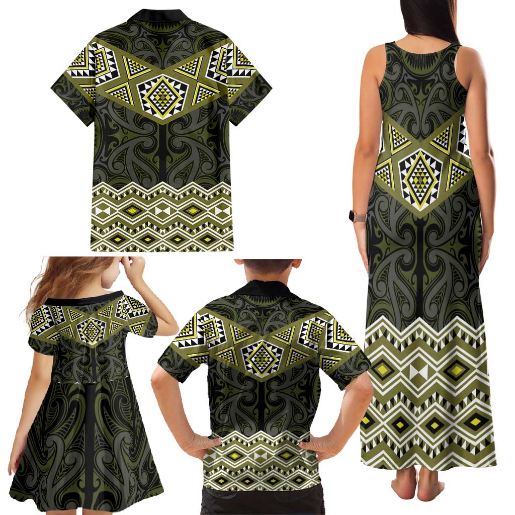 New Zealand Aotearoa Family Matching Tank Maxi Dress and Hawaiian Shirt Yellow Taniko Art Maori Pattern LT05 - Polynesian Pride