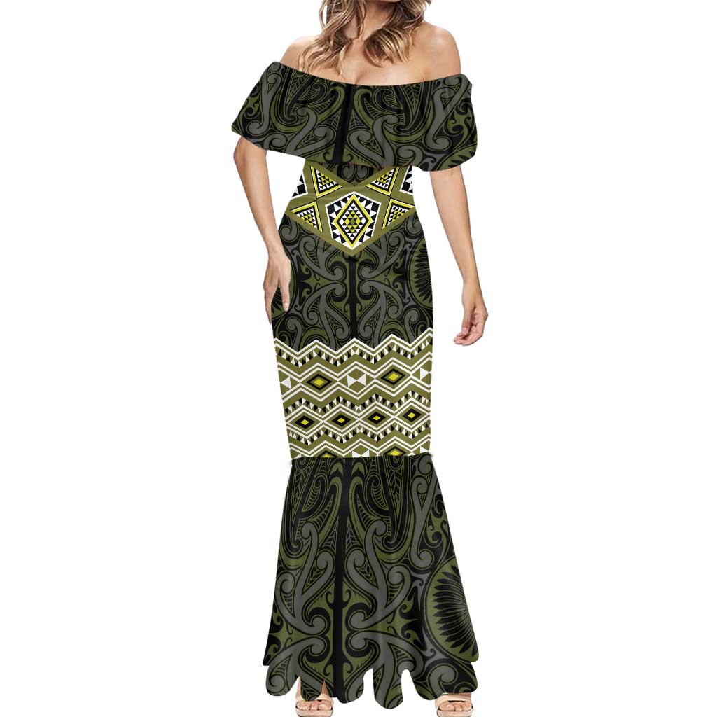 New Zealand Aotearoa Mermaid Dress Yellow Taniko Art Maori Pattern