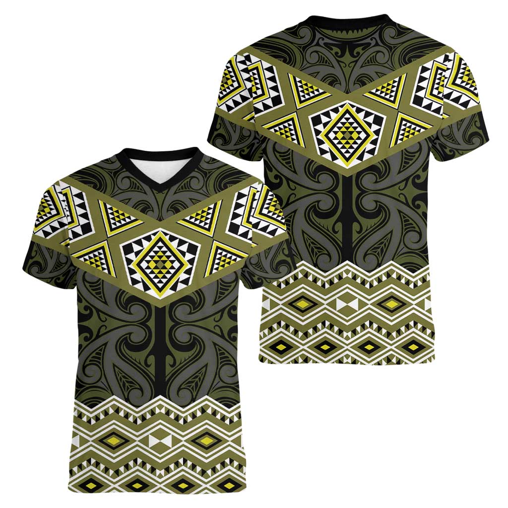 New Zealand Aotearoa Women V-Neck T-Shirt Yellow Taniko Art Maori Pattern