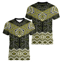 New Zealand Aotearoa Women V-Neck T-Shirt Yellow Taniko Art Maori Pattern