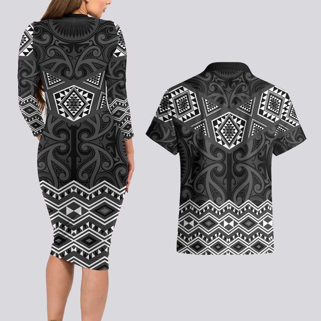New Zealand Aotearoa Couples Matching Long Sleeve Bodycon Dress and Hawaiian Shirt Black Taniko Art Maori Pattern LT05 - Polynesian Pride
