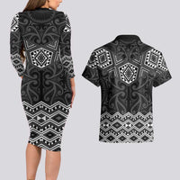 New Zealand Aotearoa Couples Matching Long Sleeve Bodycon Dress and Hawaiian Shirt Black Taniko Art Maori Pattern LT05 - Polynesian Pride