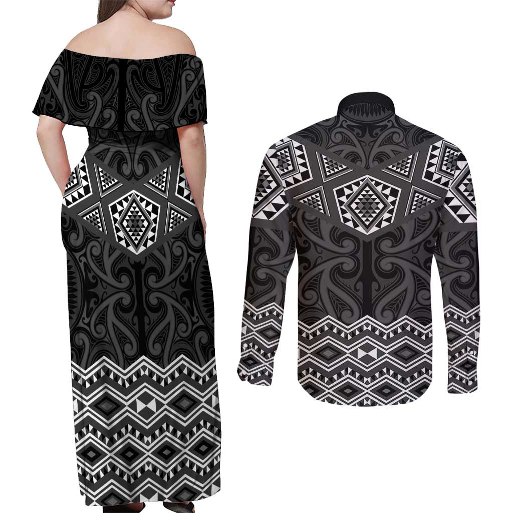 New Zealand Aotearoa Couples Matching Off Shoulder Maxi Dress and Long Sleeve Button Shirt Black Taniko Art Maori Pattern