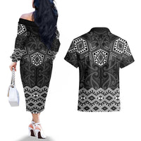 New Zealand Aotearoa Couples Matching Off The Shoulder Long Sleeve Dress and Hawaiian Shirt Black Taniko Art Maori Pattern LT05 - Polynesian Pride