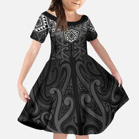 New Zealand Aotearoa Family Matching Long Sleeve Bodycon Dress and Hawaiian Shirt Black Taniko Art Maori Pattern LT05 Daughter's Dress Black - Polynesian Pride