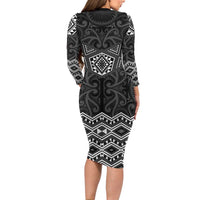 New Zealand Aotearoa Family Matching Long Sleeve Bodycon Dress and Hawaiian Shirt Black Taniko Art Maori Pattern LT05 - Polynesian Pride