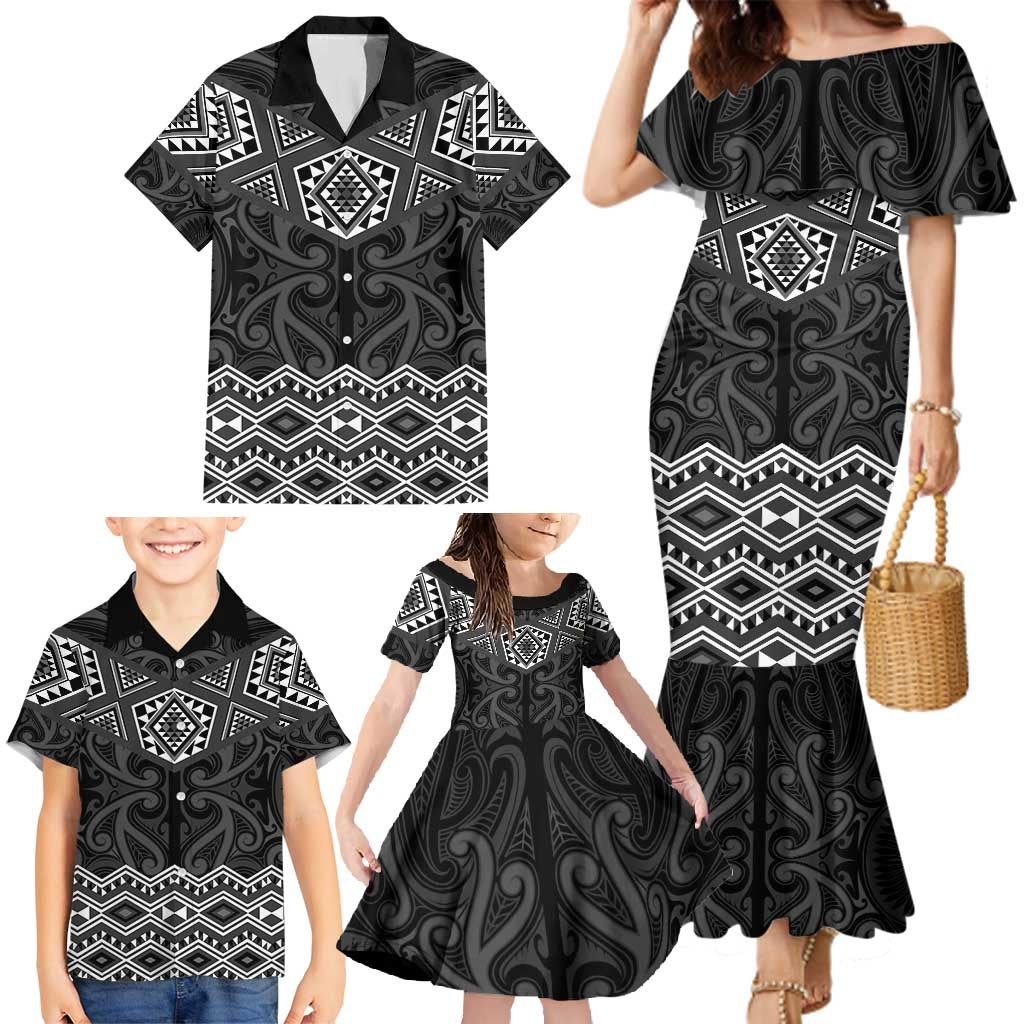 New Zealand Aotearoa Family Matching Mermaid Dress and Hawaiian Shirt Black Taniko Art Maori Pattern LT05 - Polynesian Pride