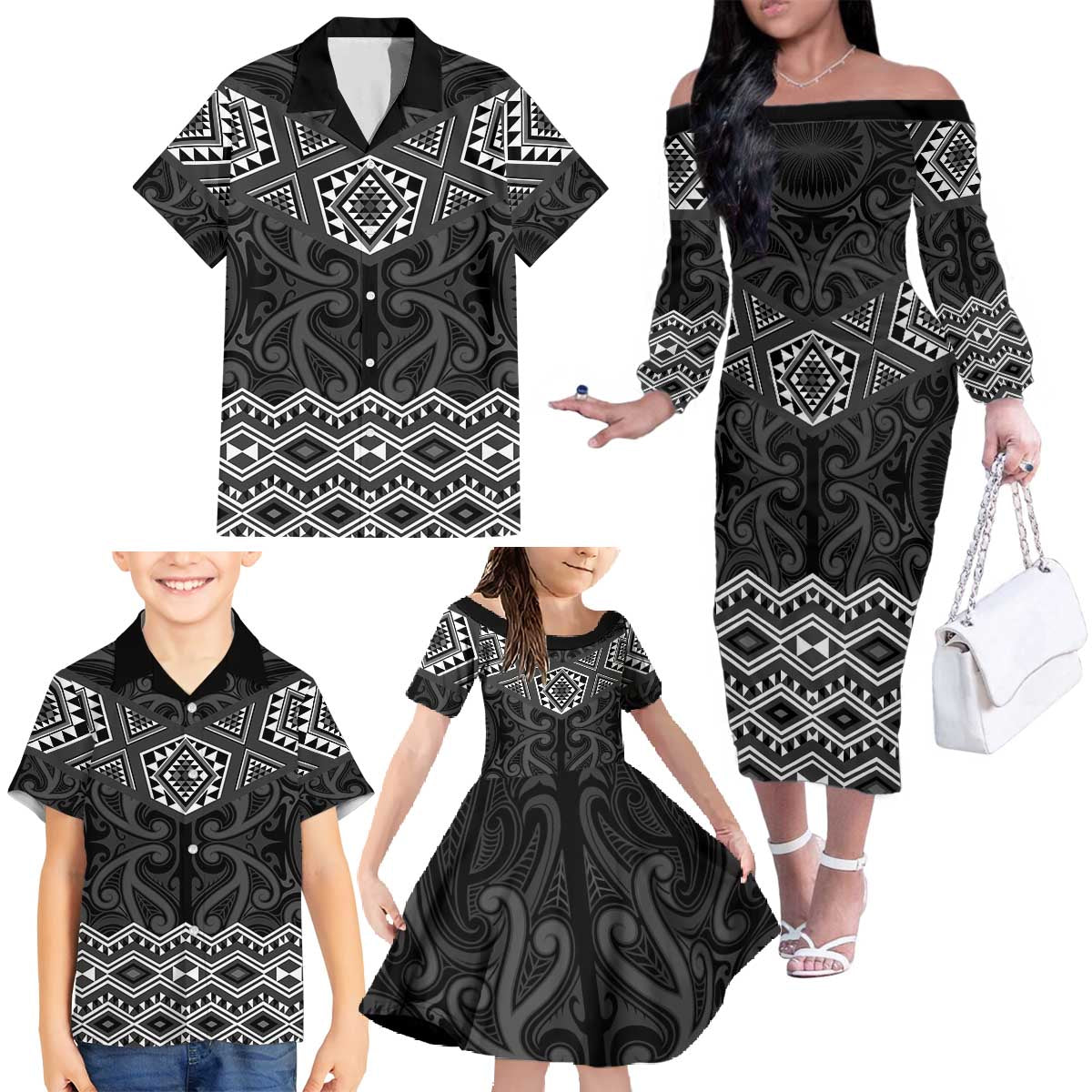 New Zealand Aotearoa Family Matching Off The Shoulder Long Sleeve Dress and Hawaiian Shirt Black Taniko Art Maori Pattern LT05 - Polynesian Pride