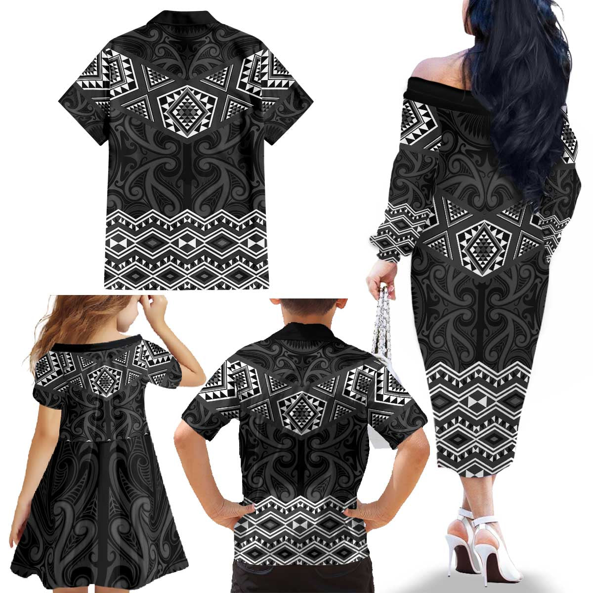 New Zealand Aotearoa Family Matching Off The Shoulder Long Sleeve Dress and Hawaiian Shirt Black Taniko Art Maori Pattern LT05 - Polynesian Pride