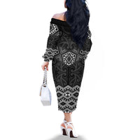 New Zealand Aotearoa Family Matching Off The Shoulder Long Sleeve Dress and Hawaiian Shirt Black Taniko Art Maori Pattern LT05 - Polynesian Pride