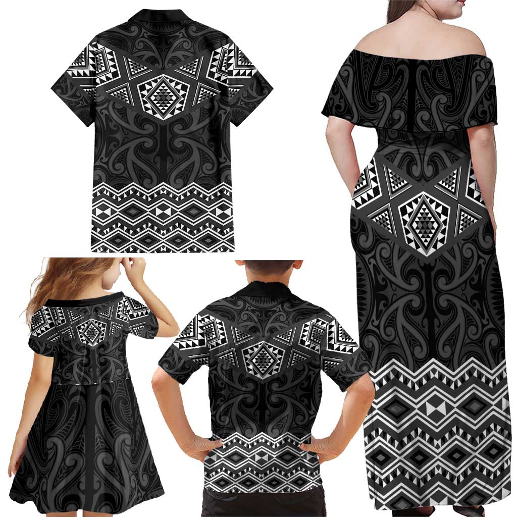 New Zealand Aotearoa Family Matching Off Shoulder Maxi Dress and Hawaiian Shirt Black Taniko Art Maori Pattern LT05 - Polynesian Pride