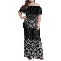 New Zealand Aotearoa Family Matching Off Shoulder Maxi Dress and Hawaiian Shirt Black Taniko Art Maori Pattern LT05 Mom's Dress Black - Polynesian Pride