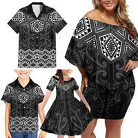 New Zealand Aotearoa Family Matching Off Shoulder Short Dress and Hawaiian Shirt Black Taniko Art Maori Pattern LT05 - Polynesian Pride