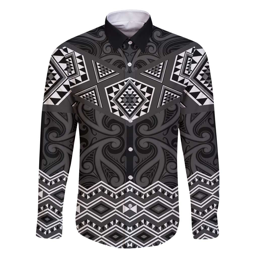 New Zealand Aotearoa Family Matching Off Shoulder Short Dress and Hawaiian Shirt Black Taniko Art Maori Pattern LT05 Dad's Shirt - Long Sleeve Black - Polynesian Pride