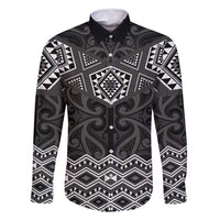 New Zealand Aotearoa Family Matching Off Shoulder Short Dress and Hawaiian Shirt Black Taniko Art Maori Pattern LT05 Dad's Shirt - Long Sleeve Black - Polynesian Pride