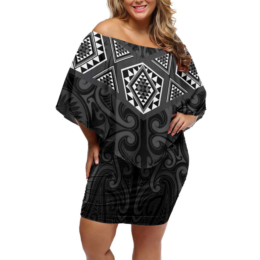 New Zealand Aotearoa Family Matching Off Shoulder Short Dress and Hawaiian Shirt Black Taniko Art Maori Pattern LT05 Mom's Dress Black - Polynesian Pride