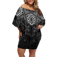 New Zealand Aotearoa Family Matching Off Shoulder Short Dress and Hawaiian Shirt Black Taniko Art Maori Pattern LT05 Mom's Dress Black - Polynesian Pride