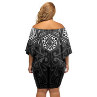 New Zealand Aotearoa Family Matching Off Shoulder Short Dress and Hawaiian Shirt Black Taniko Art Maori Pattern LT05 - Polynesian Pride