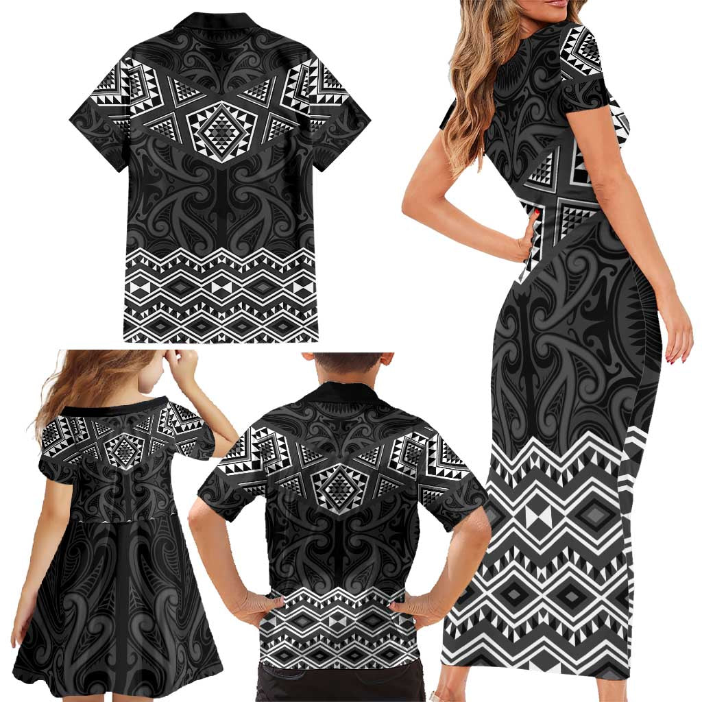 New Zealand Aotearoa Family Matching Short Sleeve Bodycon Dress and Hawaiian Shirt Black Taniko Art Maori Pattern LT05 - Polynesian Pride