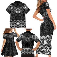 New Zealand Aotearoa Family Matching Short Sleeve Bodycon Dress and Hawaiian Shirt Black Taniko Art Maori Pattern LT05 - Polynesian Pride